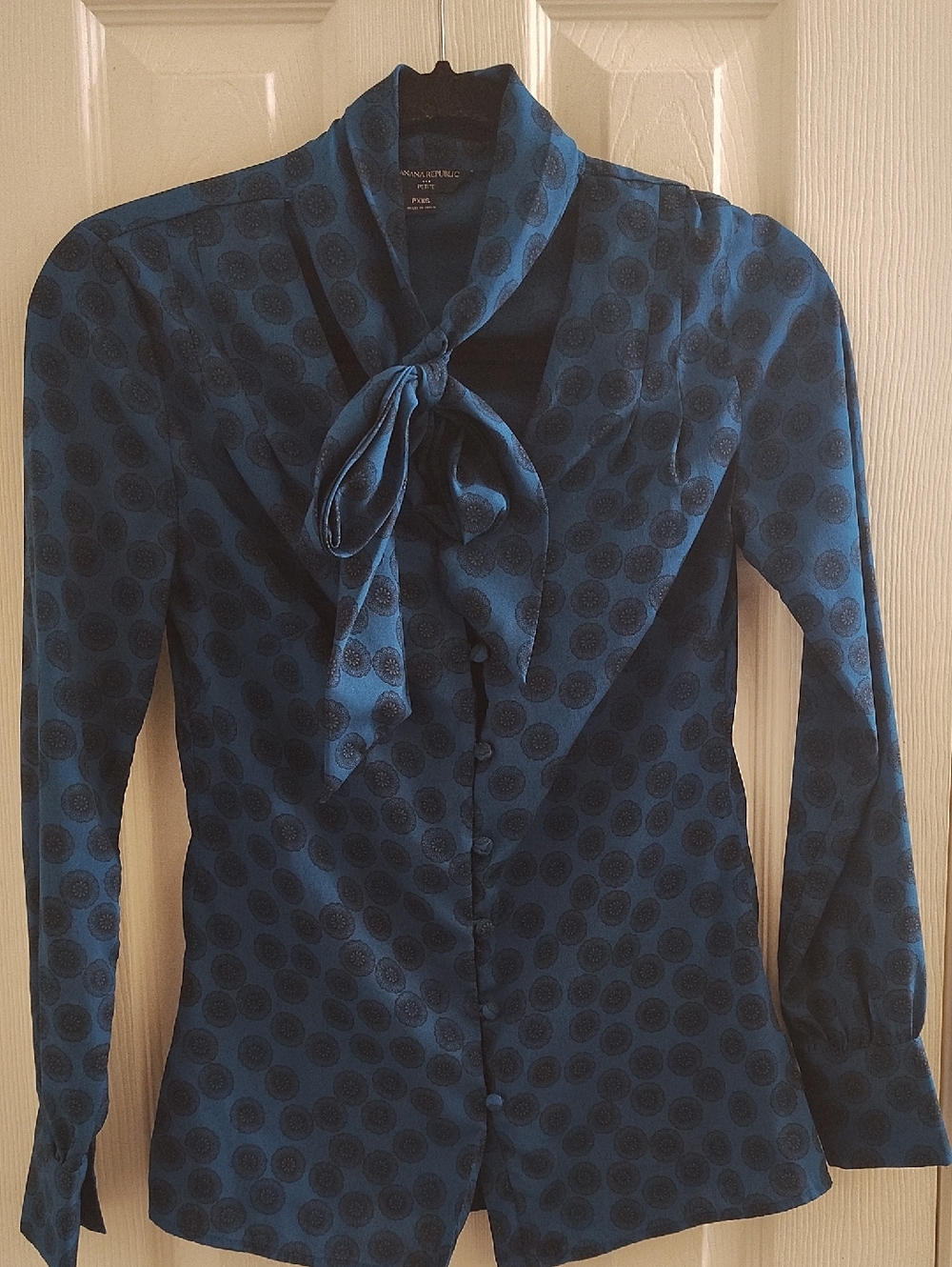 Banana Republic Navy Blue Polka Dot Tie-Neck Blouse